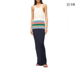 STAUD Navy and Multicolor Striped Maxi Skirt